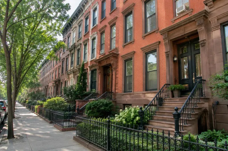 Tree-lined street of brick and brownstone multifamily row buildings