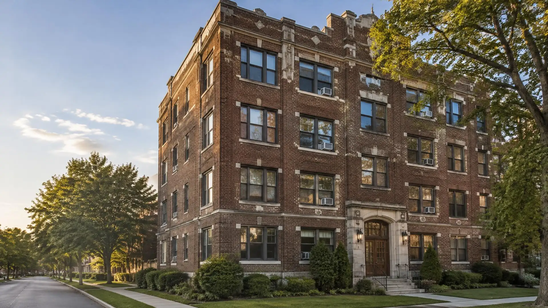 Four-story brick pre-war apartment building on a tree-lined street