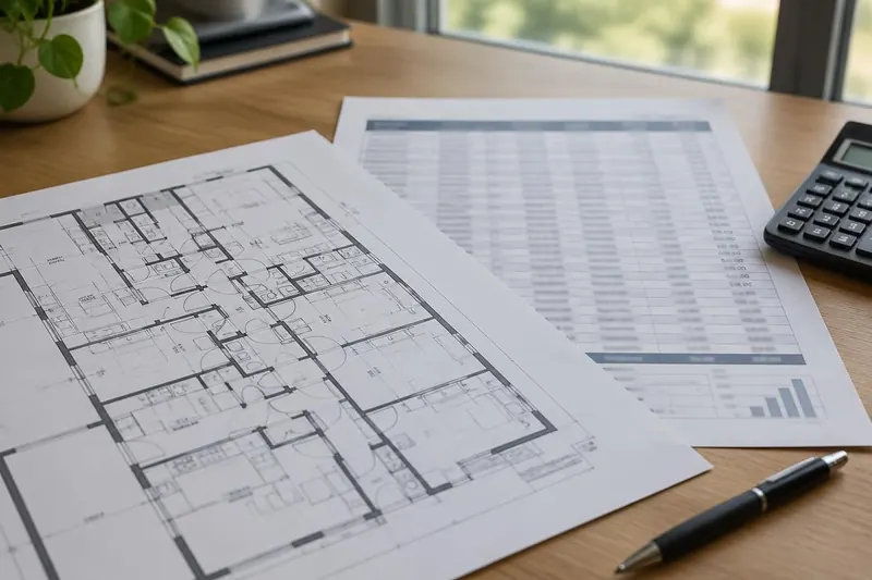 Building floor plan and rent roll printouts on a desk beside a calculator